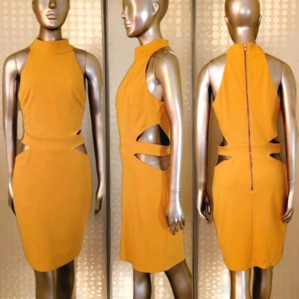 NWOT Gold Cut-Out Zip Back Bodycon Midi Dress Sz L